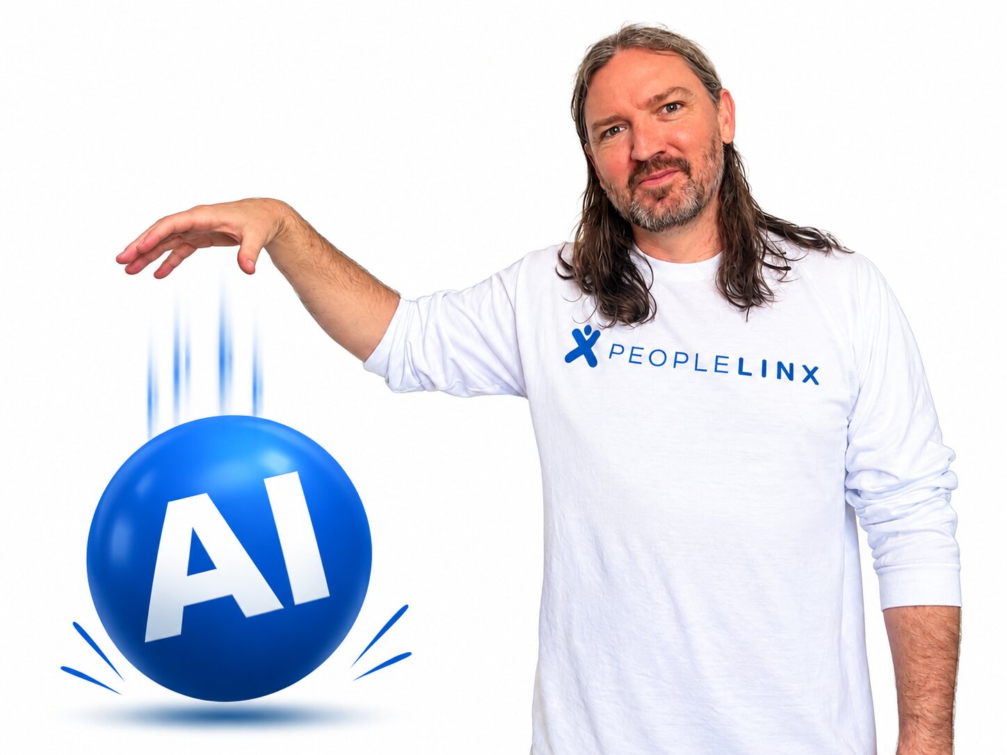 Patrick Baynes in a PeopleLinx shirt dropping a blue AI ball